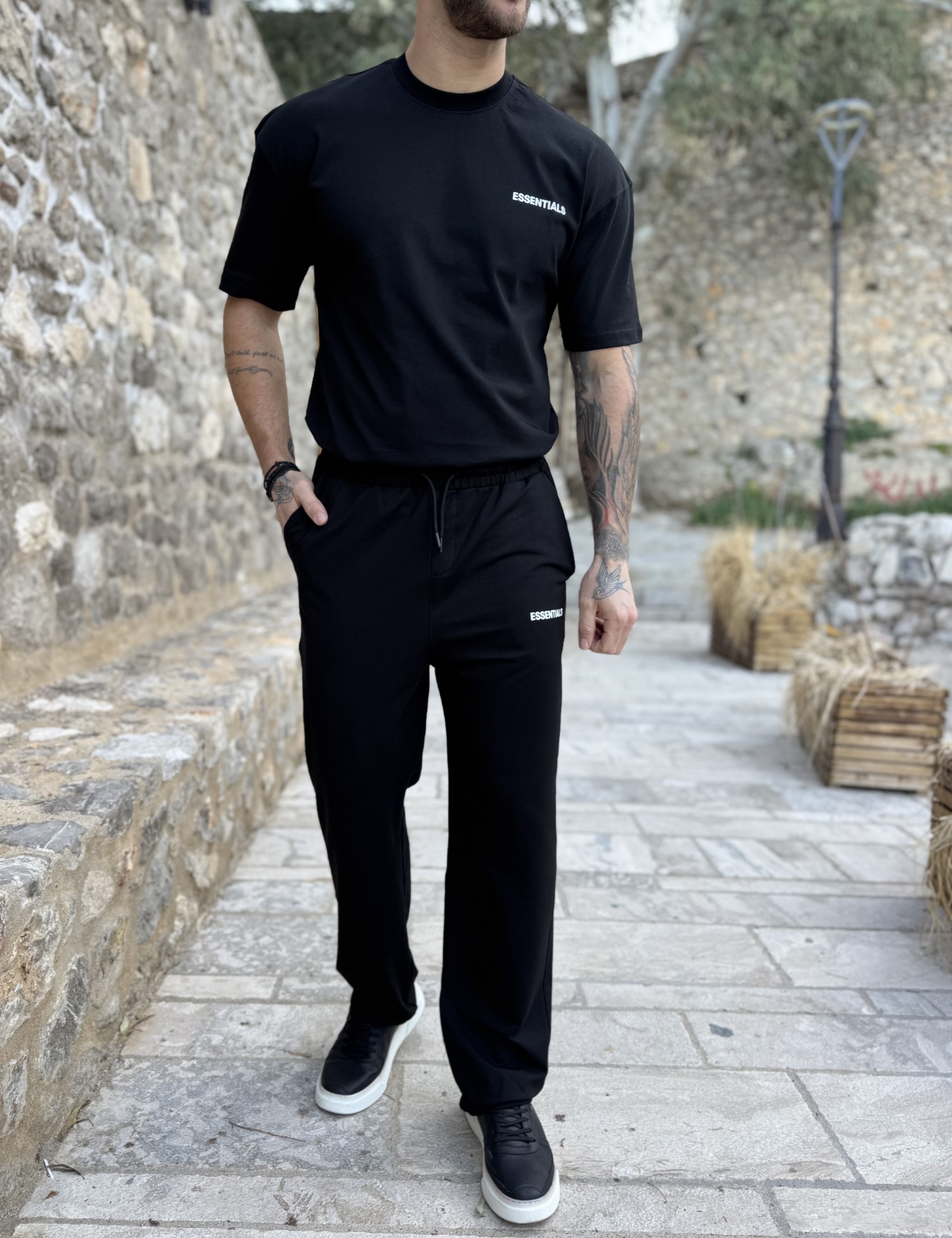 Ανδρική μαύρη φόρμα ίσια με λογότυπο στο πλάι ES307M φωτογραφία